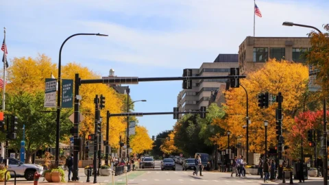 Downtown Evanston, Ill., on Oct. 8, 2026.