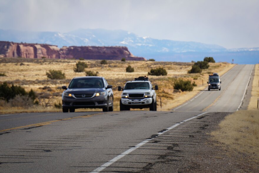 Cars on the entrance road to Canyonlands National Park outside of Moab, March 14, 2025.