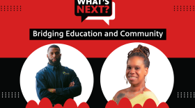 Red background with a thick black stripe in the middle. In the top corner is "EPISODE 322" in white text. then, centered from top to bottom, is: What's Next? logo, "Bridging Education and Community", then photos of Leanthony Freeman and Shantelle Patton with their names underneath.