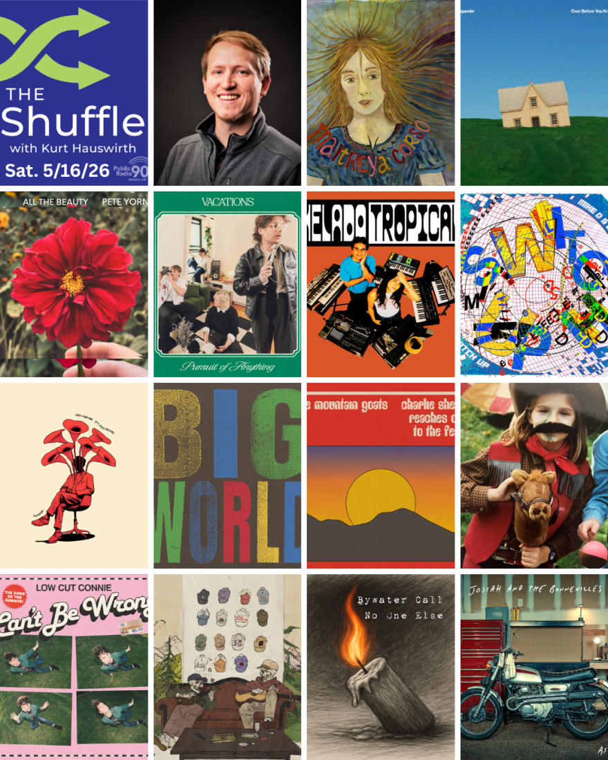 Decorative image of host Kurt Hauswirth and the album/single art for The Shuffle's playlist, arranged in a grid format