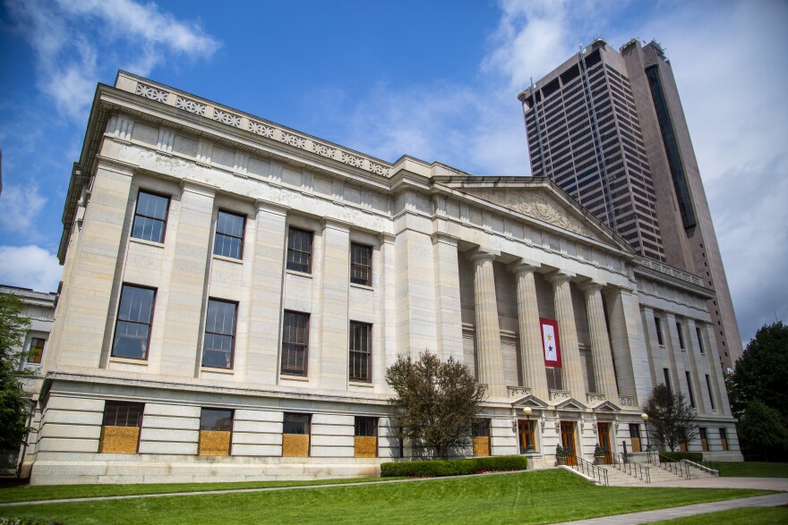 Windows are boarded up at the Ohio Statehouse on May 29, 2020, following protests.