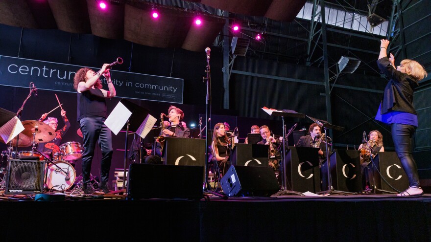 Clarinetist Anat Cohen solos with the Centrum All-Star Big Band, directed by Christine Jensen, on the Mainstage at 2026 Jazz Port Townsend. Allison Miller is on drums. Saxes, L-R: Ben Wendel, Sidney Hauser, Mark Taylor, Steve Treseler, Kate Olson.