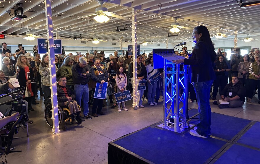 Deb Haaland speaking to crowd at the Alameda House Sunday morning.