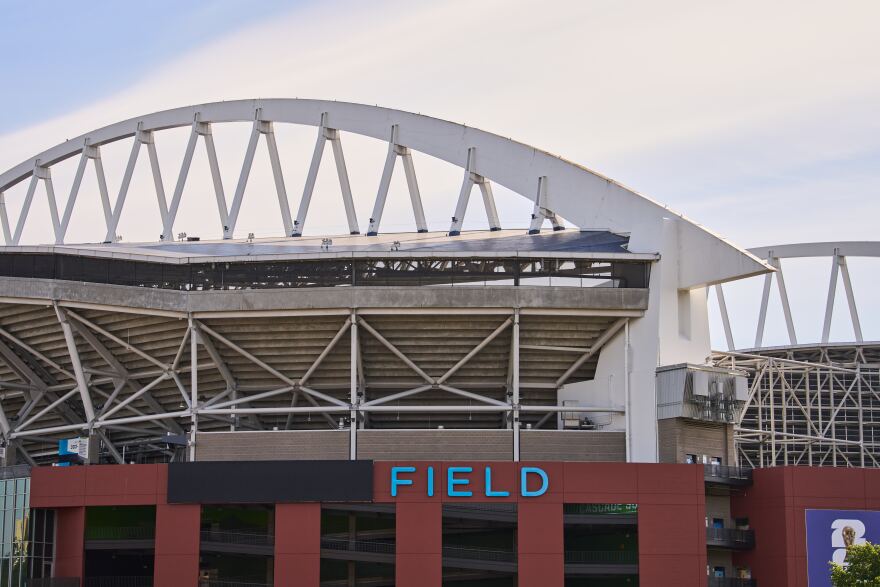 A partial covering is seen over Lumen branding at Lumen Field, which will be named Seattle Stadium during the 2026 FIFA World Cup, Wednesday, May 20, 2026, in Seattle.
