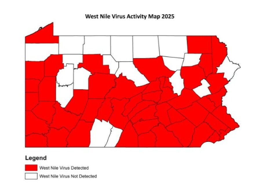 Pennsylvania's Department of Environmental Protection has mapped where West Nile Virus cases have been reported across the state.