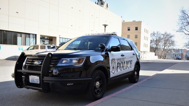 A Spokane Police vehicle parked at the county public safety campus. Sheriffs and police chiefs have criticized police reform laws, especially laws limiting vehicle pursuits, saying they need the authority to detain people they think may have been involved in a crime.