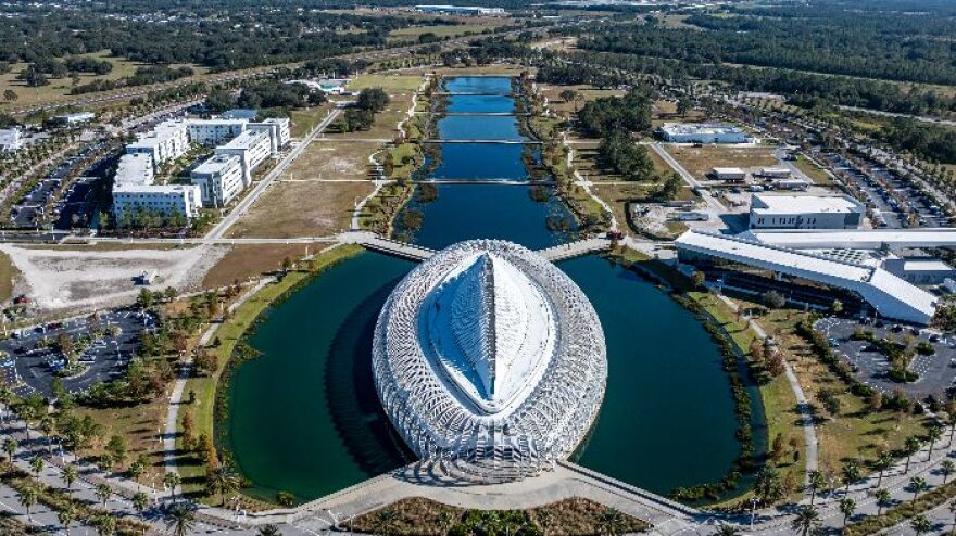 Florida Polytechnic University's iconic white louvered dome Innovation, Science and Technology Building in Lakeland was designed by architect Santiago Calatrava. The IST building houses 26 classrooms, an auditorium, faculty and administrative offices, an 11,000-square-foot commons area and 11 innovation labs.