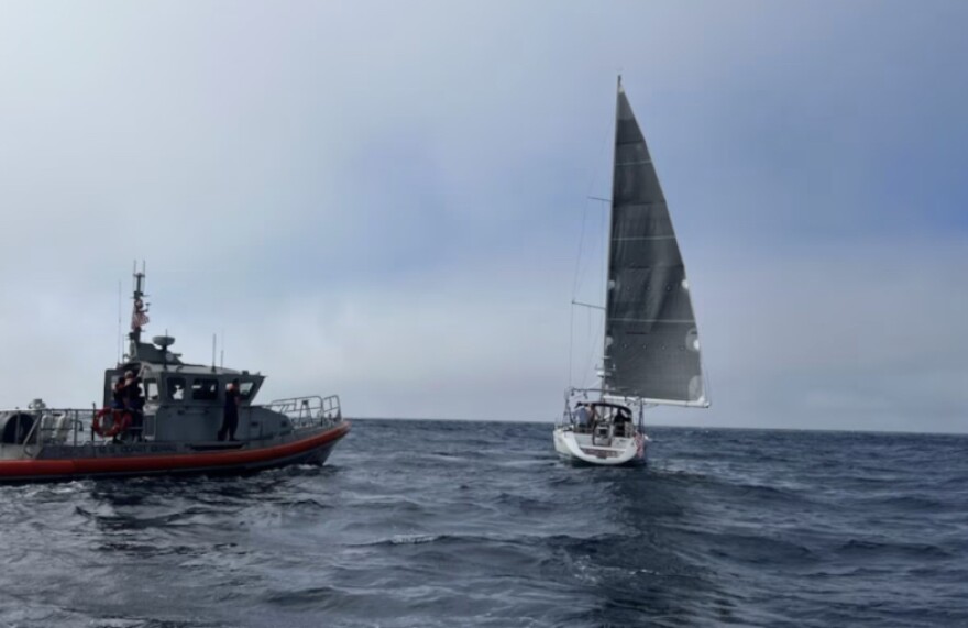 A 66-year-old man was rescued after falling overboard from a boat in the Channel Islands, and swimming for about 45 minutes before he was rescued.