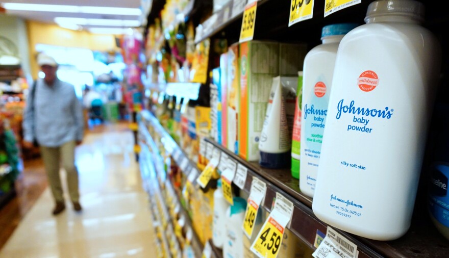 Johnson's baby powder remains stocked at a supermarket shelf on August 22, 2017 in Alhambra, California, where a Los Angeles jury on August 21 ordered Johnson & Johnson to pay a record $417 million to a woman in hospital who sued the company. A California jury on August 21, 2017 ordered drugmaker Johnson & Johnson to pay 417 million dollars to a woman who claimed she developed terminal ovarian cancer after using the company's talc-based products.The case was one of thousands of lawsuits brought nationwide alleging the company failed to warn consumers of the risk of cancer from talc in its products. / AFP PHOTO / FREDERIC J. BROWN (Photo credit should read FREDERIC J. BROWN/AFP via Getty Images)