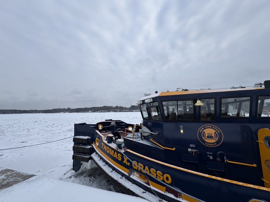 The Thomas X. Grasso is one of two new boats in the Canal Corporation's fleet helping to break the ice along the Mohawk River
