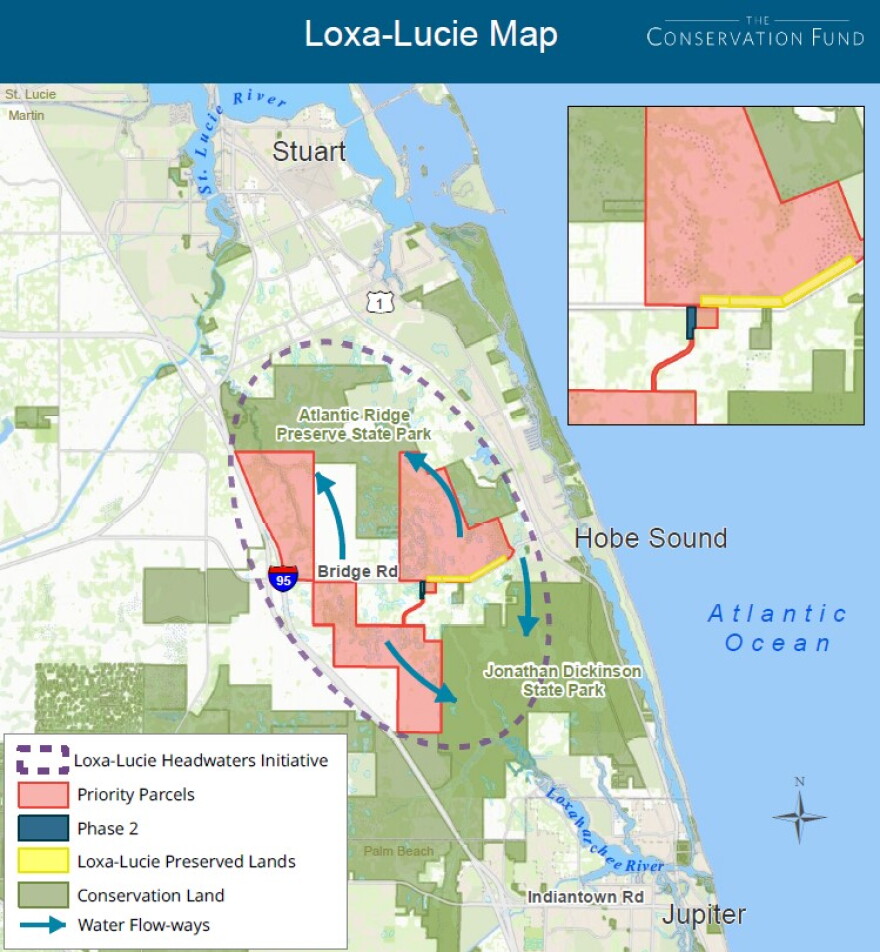 This map shows the lands that the Loxa-Lucie Initiative has identified for acquisition. Acquisition #2 is in the ecological corridor between the Loxahatchee River and the South Fork of the St. Lucie River.