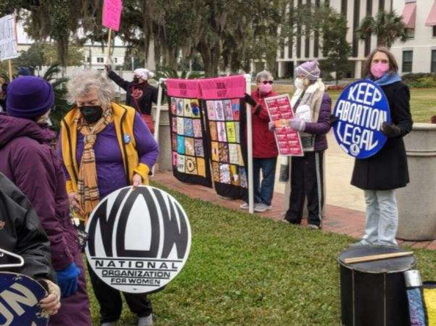 Demonstrators gathered in front of the Historic Capitol to show their support for the 1973 U.S. Supreme Court decision. (Tom Flanigan/WFSU)