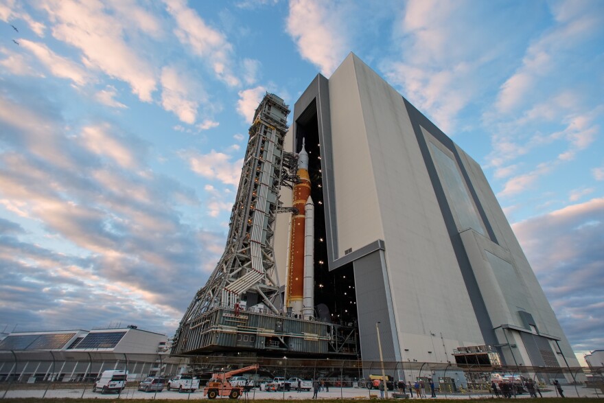 The Artemis II rocket makes its way from the Vehicle Assembly Building to pad 39B at the Kennedy Space Center, Saturday, Jan. 17, 2026, in Cape Canaveral, Fla. (AP Photo/John Raoux)
