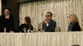 Akron photographer Shane Wynn moderates the panel of arts stakeholders at the Akron Press Club.