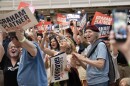 The crowd reacts to the news that Graham Platner has won the Democratic U.S. Senate primary during an election watch party in Blue Hill Tuesday, June 9, 2026.