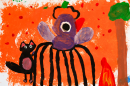 a child's painting of a black cat and a purple bird-spider in front of an orange background with a tree off to the side.