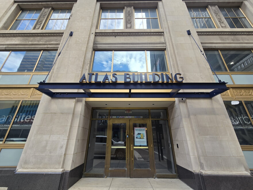 The front entrance of a high-rise building