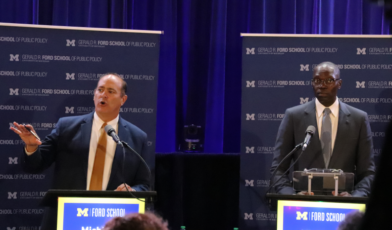 Garlin Gilchrist and Anthony Forlini, candidates for Michigan Secretary of State, at a debate held in Ann Arbor