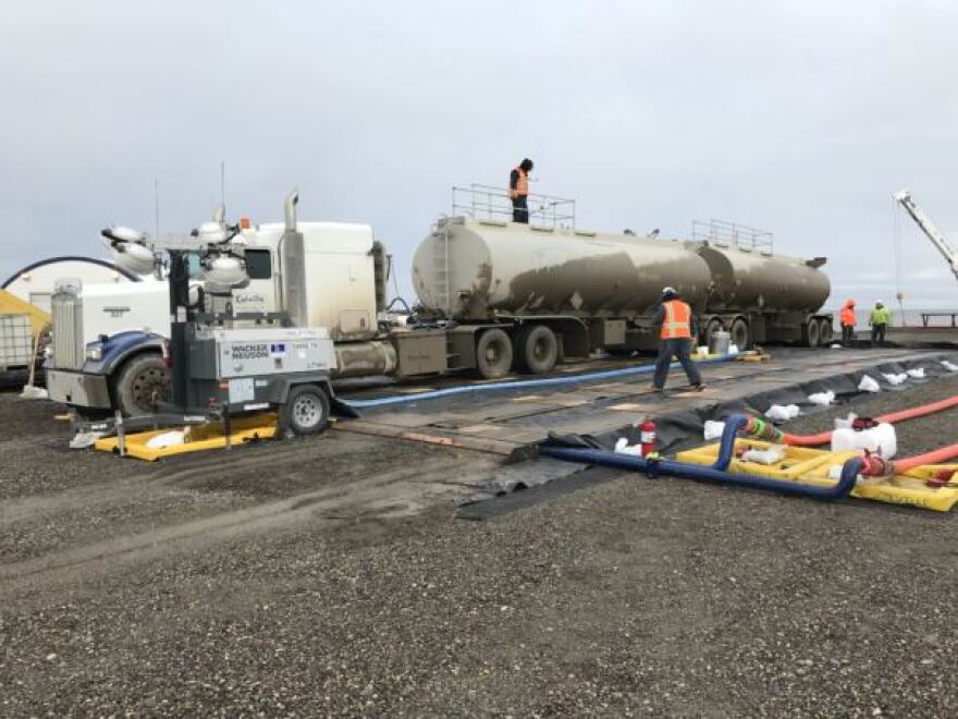 Diesel fuel is offloaded from a barge to a tanker for delivery to Colville’s fuel storage facility at Deadhorse, Alaska. August 30th, 2018. (Photo courtesy of Colville)
