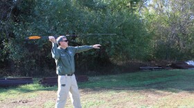 Steve Govero, assistant outdoor education center manager at Andy Dalton Shooting Range and Outdoor Education Center, demonstrates how to use the atlatl (photo taken November 4, 2025).