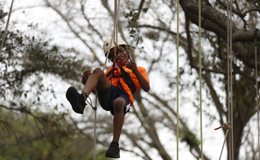 Festival attendees participate in tree climbing during the 2022 Publix Tampa Bay Collard Festival in St. Petersburg, Florida, on Saturday, February 19, 2022. Photo by Octavio Jones for WUSF