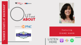 The image features a photo of this episode’s guest, Diane Hahn, co-founder of Mackinaw Valley Vineyard. The image has the quote “SUMMER STARTS AT MACKINAW”, with a graphic that represents the vineyard.  As always, the graphic artwork also features an icon of the podcast’s sponsor PNC Bank as well as various podcast platforms where the Out and About podcast can be heard. 
