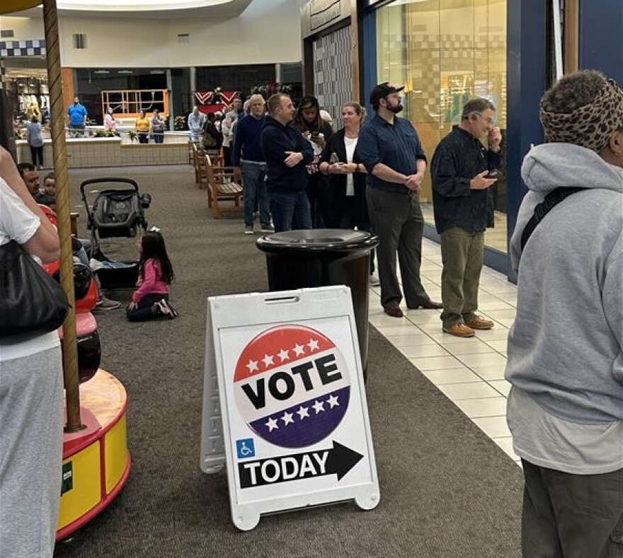 People stand in line in a mall behind a sandwich board sign that says 'Vote Today'