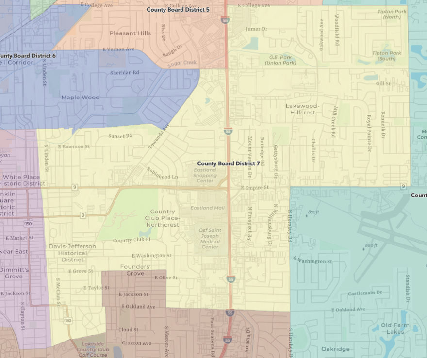 a screenshot of a map displaying the boundaries of a McLean County board district