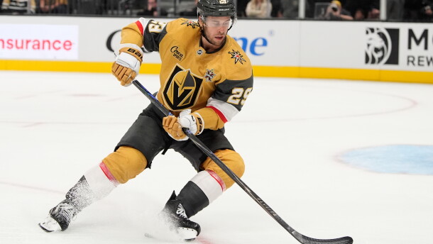Vegas Golden Knights defenseman Parker Wotherspoon (29) plays against the Anaheim Ducks during an NHL hockey game Friday, Oct. 2, 2026, in Las Vegas. (AP Photo/John Locher)