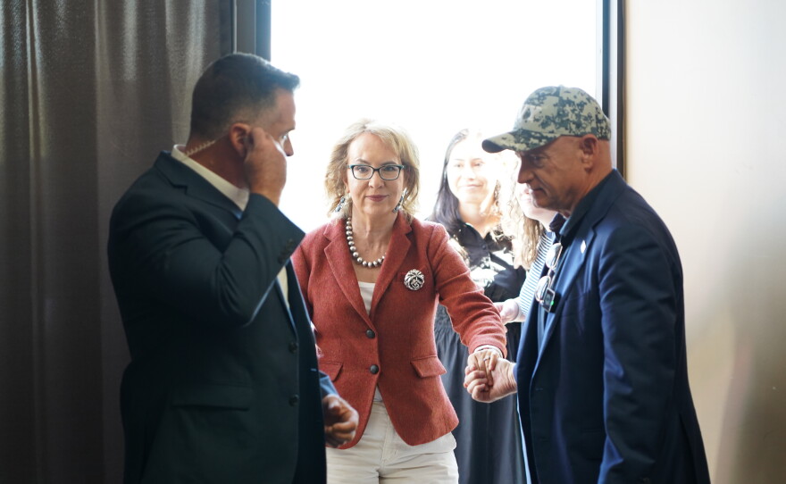 Possible 2028 Democratic presidential candidate Arizona U.S. Sen. Mark Kelly and his wife, Gabby Giffords, spoke with voters in Mauldin, S.C., on Friday, Oct. 2, 2026.