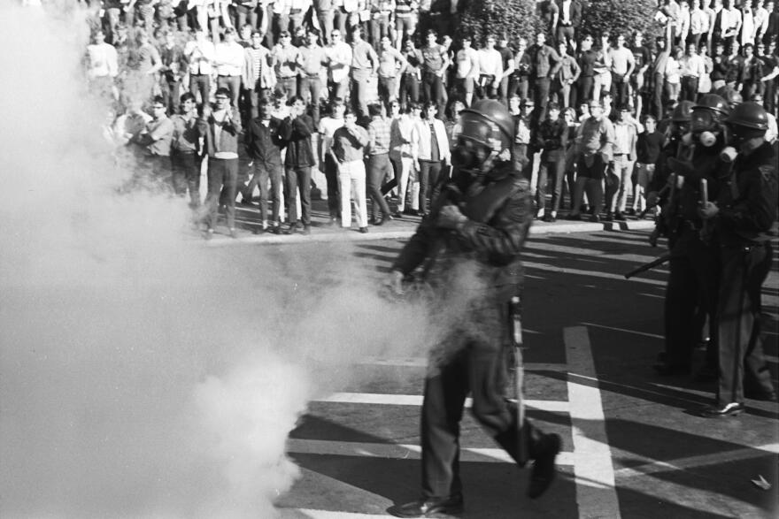 Police use tear gas to clear University Ave. of demonstrators, May 7, 1970.