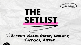 "The Setlist" and "Bemidji, Grand Rapids, Walker, Superior, Aitkin" written over a crumpled paper background.