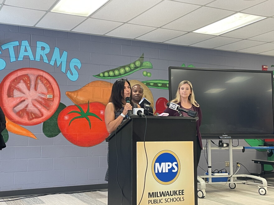 Milwaukee Public Schools Superintendent Dr. Brenda Cassellius discusses the upcoming school year on Aug. 27, 2026 at Frances Starms Discovery Learning Center in Milwaukee. The school received millions of dollars in updates over the summer.