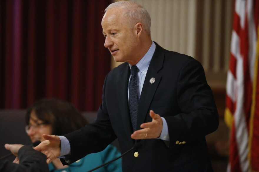 U.S. Rep. Mike Coffman, R-Colo, talks to witnesses during a House Veterans Affairs subcommittee field hearing on VA hospitals and prescription drugs for veterans Friday, May 20, 2016, in the State Capitol in Denver. The House subcommittee heard from three Colorado-based VA officials during the field hearing. (AP Photo/David Zalubowski)