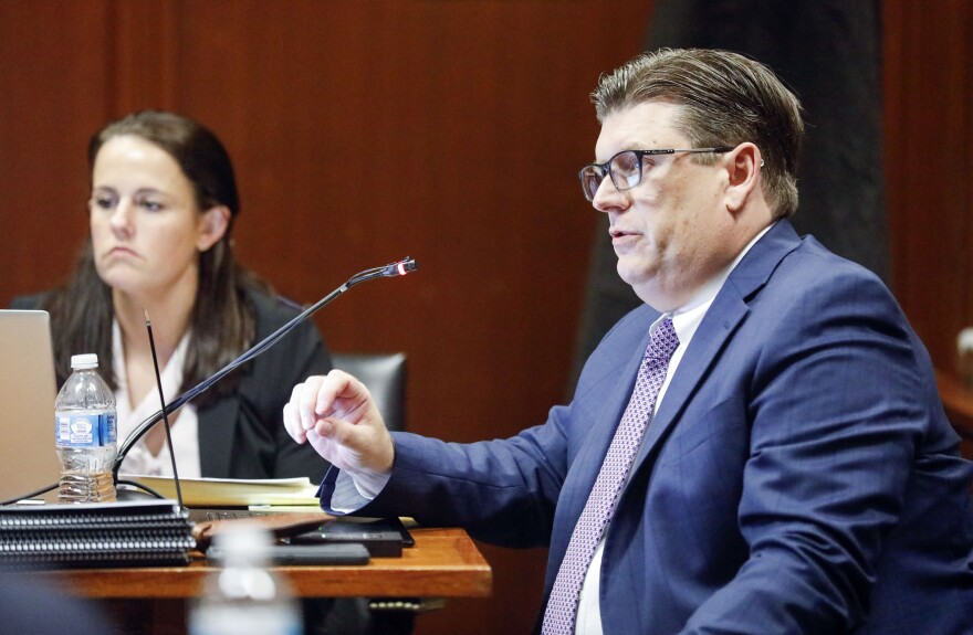 Defense attorney Chad Frese cross examines Iowa Division of Criminal Investigation agent Scott Green during the trial of Cristhian Bahena Rivera at the Scott County Courthouse in Davenport, Iowa, on Thursday, May 20, 2021. Bahena Rivera is charged with first-degree murder in the death of Mollie Tibbetts. (Jim Slosiarek/The Gazette)