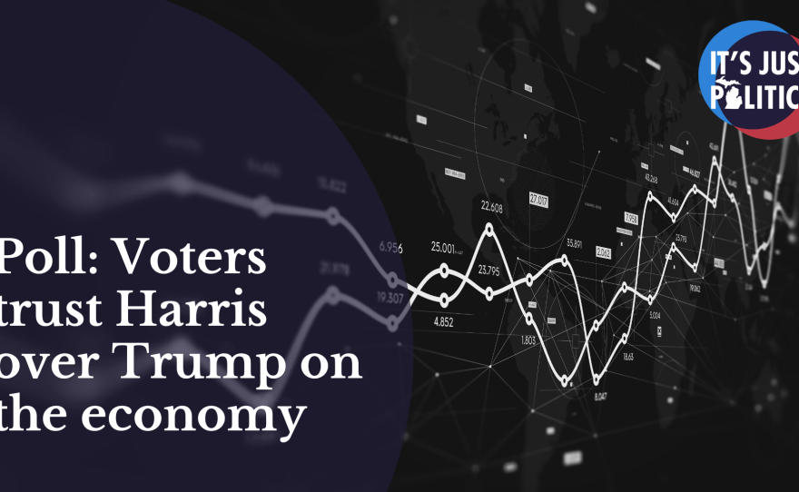 black and white image of a stock market graph with text "Poll: Voters trust Harris over Trump on the economy"