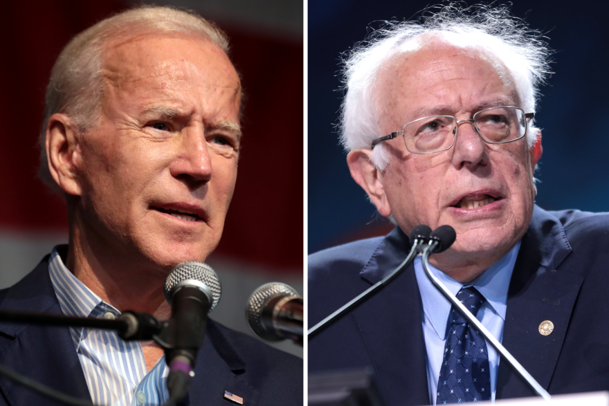 Joe Biden, Bernie Sanders speaking into separate microphones