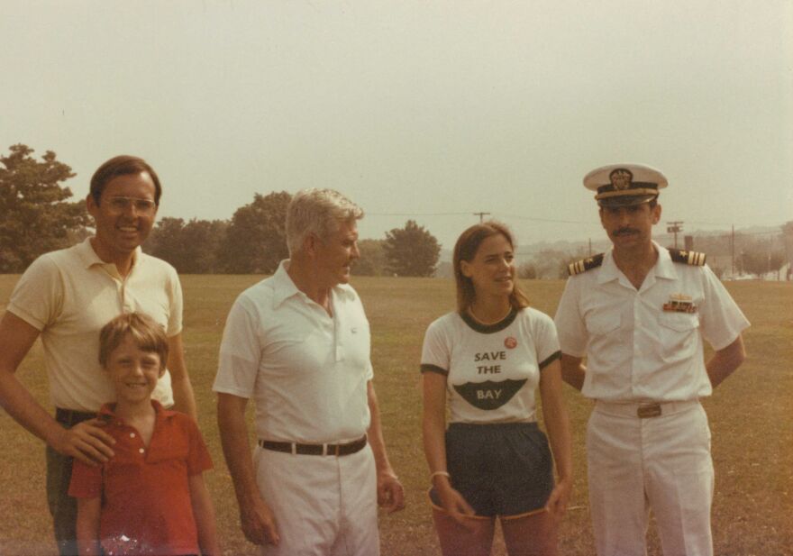 The swim’s starting point was moved to Naval Station Newport in the 1980s. Trudy Coxe can be seen second from the left.