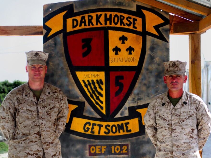 <p>Lt. Col. Jason Morris (right) is seen with his "right-hand man" Sgt. Maj. James Bushway in Sangin in April 2011, close to the time the 3/5 departed from Afghanistan.</p>