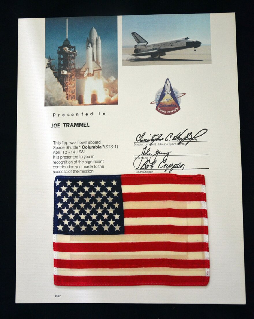 One of 10,000 4-inch-by-6-inch American flags flown on STS-1, the first flight of the space shuttle in 1981. Similar flags flew on every space shuttle mission; they were presented post-flight to space program workers and VIPs.