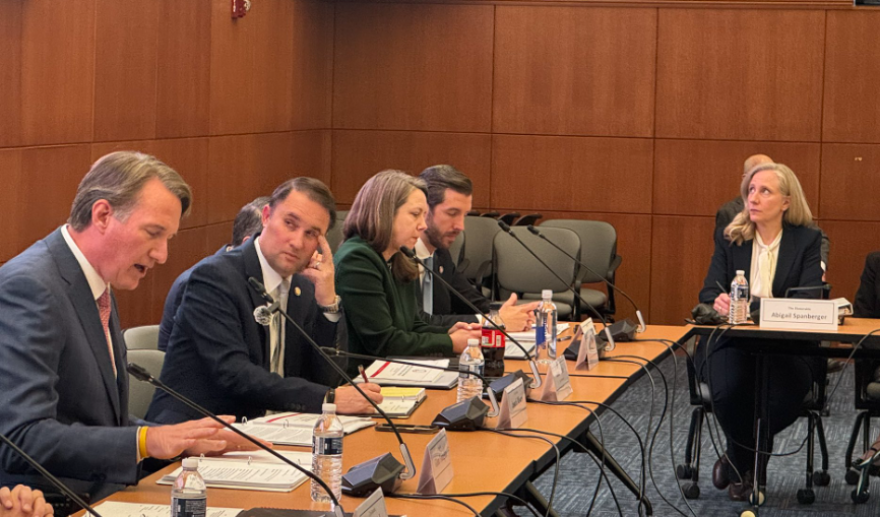 Virginia Governor Glenn Youngkin welcomes Governor-elect Abigail Spanberger during a recent meeting of the Governor’s Advisory Council on Revenue Estimates