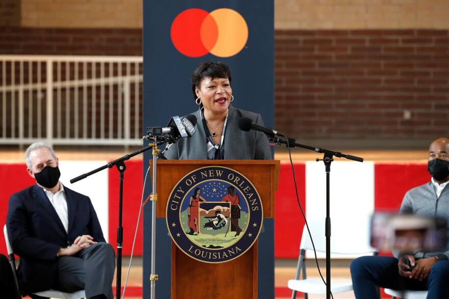 Mayor LaToya Cantrell announces the kick-off of a partnership to launch the Crescent City Card Program on Nov. 11, 2021. Guaranteed income program participants will receive the money on a MoCaFi immediate response card, which allows cities to distribute recurring payments, when the program begins in 2022.