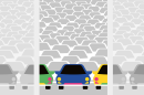 Multi-colored cars sit on an empty car lot. 