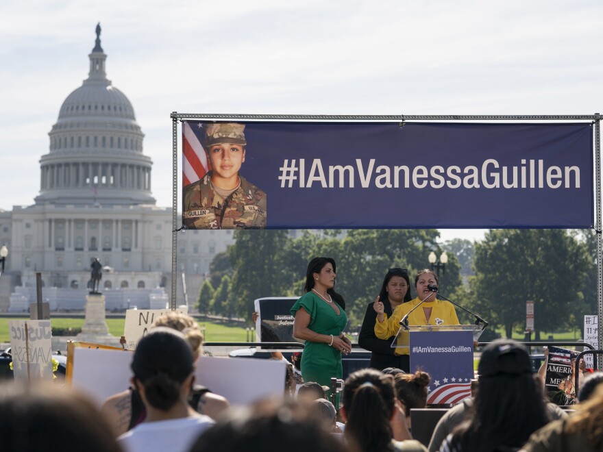 In this July 30, 2020, file photo, the family of Vanessa Guillen speak about the murdered soldier on Capitol Hill.