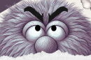 The top of a face of a shaggy puppet with big eyeballs looking up.