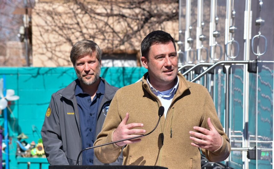 Then-City Councilor Pat Davis speaks at a news conference alongside Albuquerque Mayor Tim Keller in 2022. Davis has become the publisher of the Santa Fe Reporter, an alternative weekly paper, after his company Ctrl+P Publishing purchased the local outlet, adding it to five others it owns.