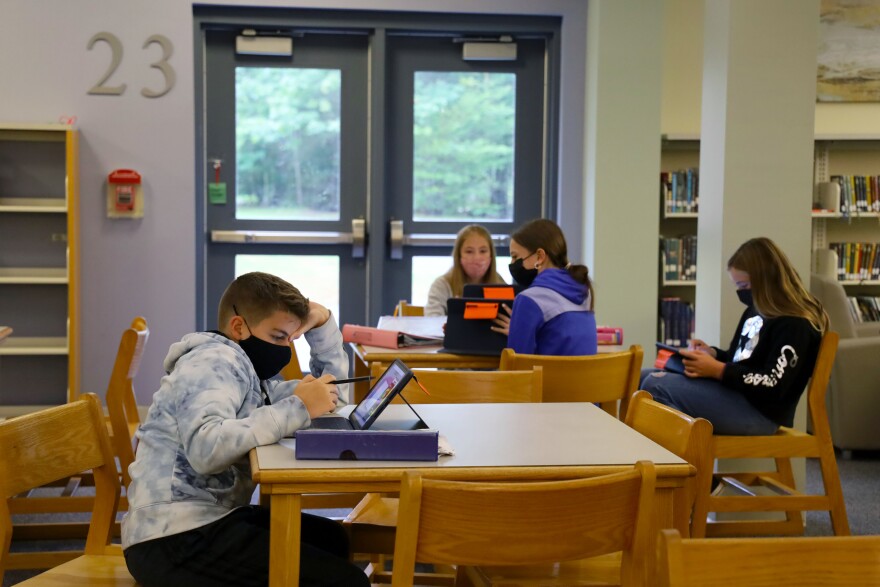 Students work during advisory at Gorham Middle School in October 2021.