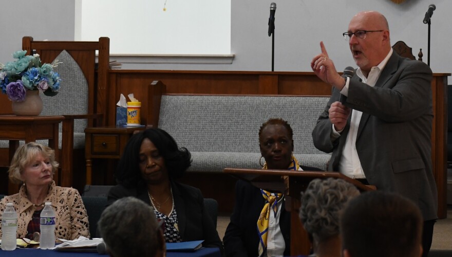 Gainesville Mayor Harvey Ward shared his concerns regarding the school rezoning proposals and spoke on what local government is doing for the east Gainesville community at a meeting at Dayspring Missionary Baptist Church on Monday, Feb. 16, 2026.
