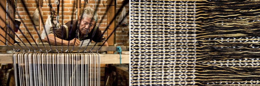 Enrique Antonio Tinoco Jaimes crafts a <em>rebozo</em> on a traditional loom in the <em>rebozo</em> workshop of Don Fermín Escobar in Tenancingo, Mexico. At right, a detail from a <em>rebozo</em>.