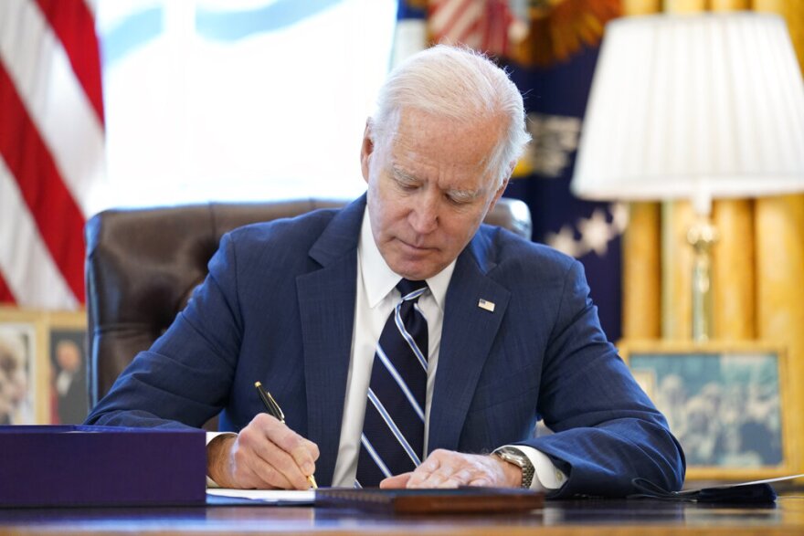 President Joe Biden signs the American Rescue Plan into law in March. Southern Nevada officials face an Aug. 30 deadline to decide how best to use funds from the coronavirus relief package.